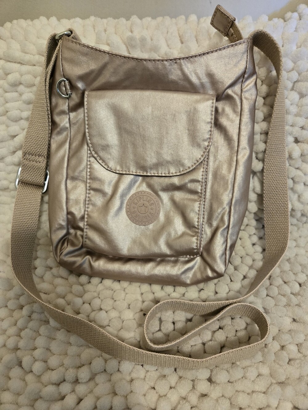 Kipling Metallic Rose Gold Crossbody Pouch with Canvas Strap